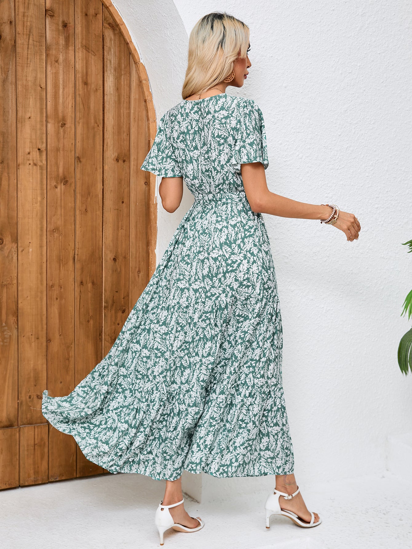 Women Summer Printed V Neck Tie A Line Maxi Dress ANA
