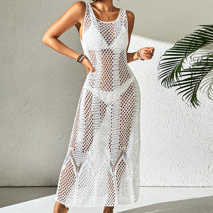 Vacation Dress Sexy U Collar Solid Color Hollow Out Cutout Out Camisole Maxi Dress Beach Sun Protection Dress Crochet hook