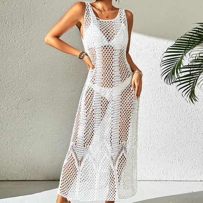 Vacation Dress Sexy U Collar Solid Color Hollow Out Cutout Out Camisole Maxi Dress Beach Sun Protection Dress Crochet hook
