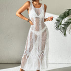 Vacation Dress Sexy U Collar Solid Color Hollow Out Cutout Out Camisole Maxi Dress Beach Sun Protection Dress Crochet hook Tidee