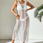 Vacation Dress Sexy U Collar Solid Color Hollow Out Cutout Out Camisole Maxi Dress Beach Sun Protection Dress Crochet hook Tidee