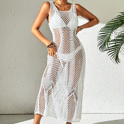 Vacation Dress Sexy U Collar Solid Color Hollow Out Cutout Out Camisole Maxi Dress Beach Sun Protection Dress Crochet hook