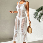 Vacation Dress Sexy U Collar Solid Color Hollow Out Cutout Out Camisole Maxi Dress Beach Sun Protection Dress Crochet hook Tidee