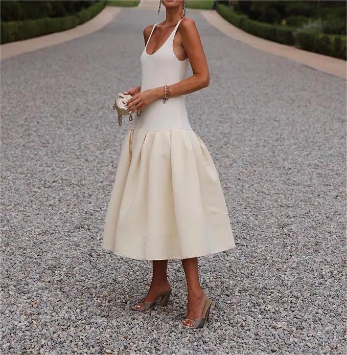 Women Clothing Women Elegant Solid Color Sling Dress JuneMade