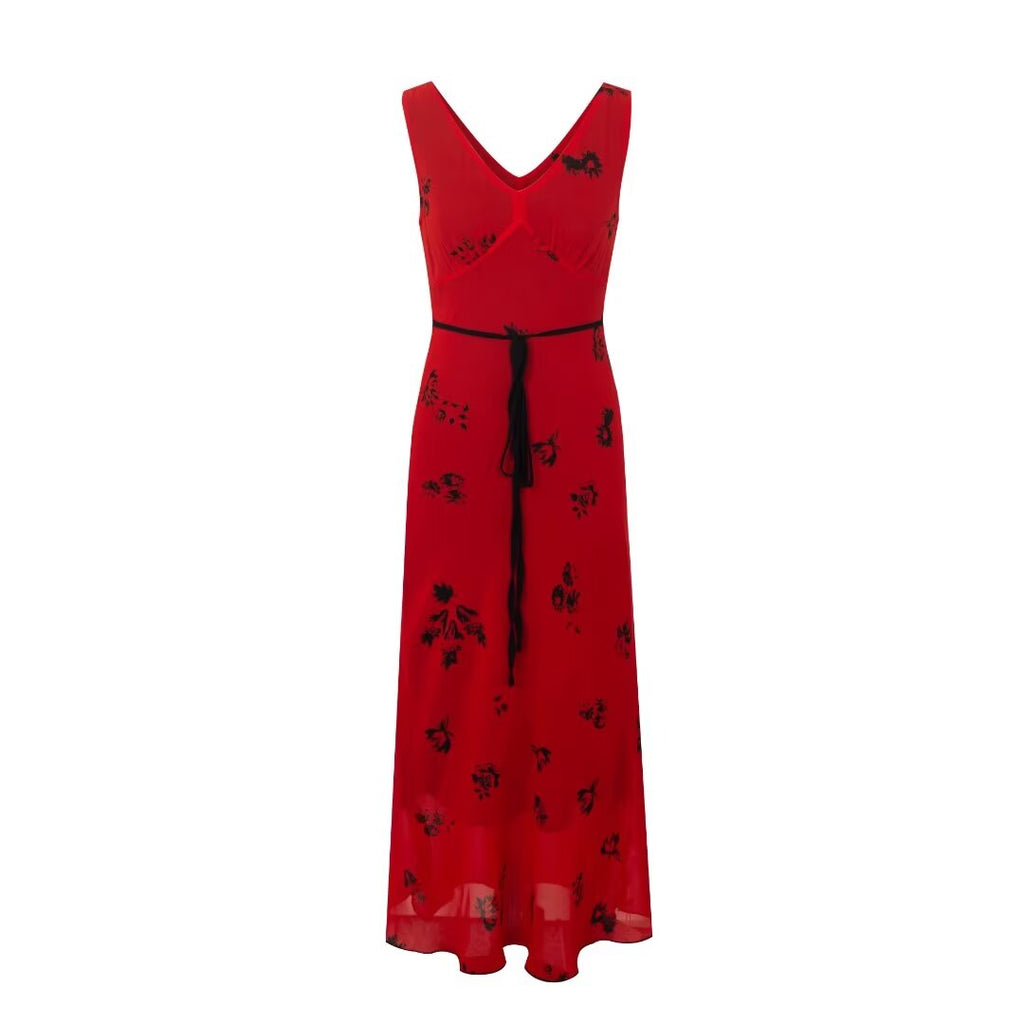 Summer Red V neck Sling Dress Women Summer Waist Bag Hip Fishtail Maxi Dress PullWind