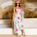 Women Wear Artificial Silk Printing Diagonal Collar Pleated Dress MOOYAA