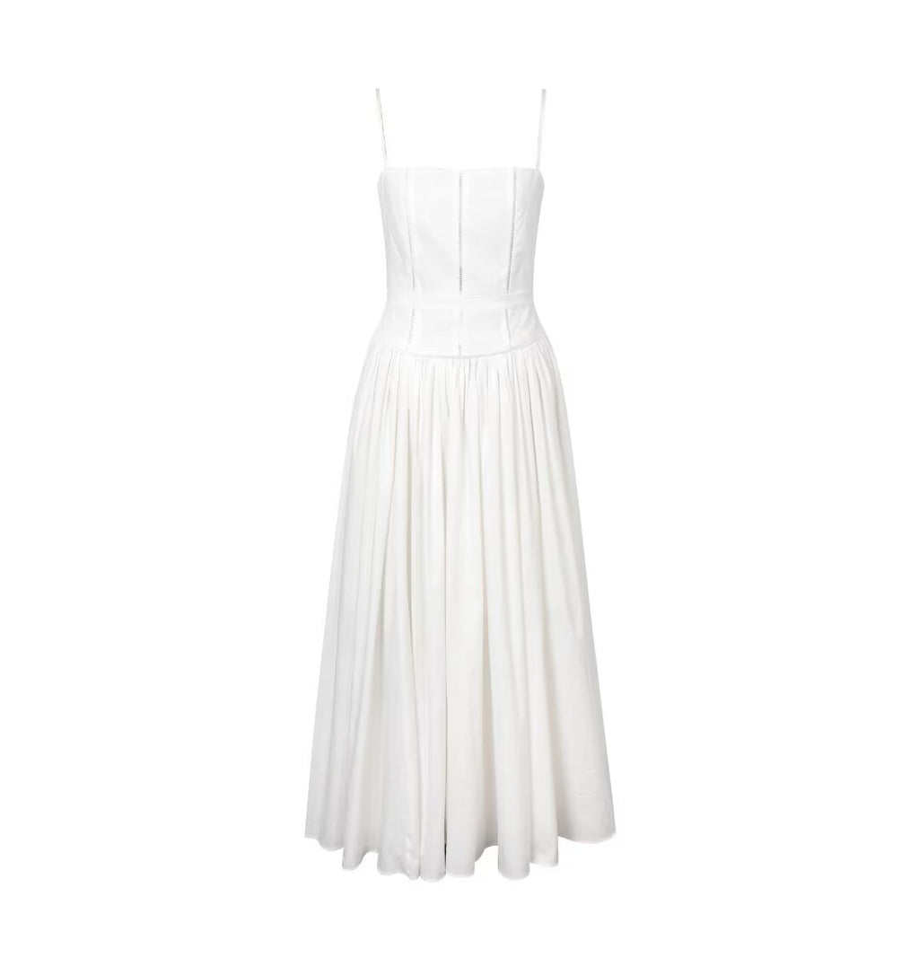 French Hollow Out Cutout Lace Band A Swing Sling Dress Women Summer Slim Fit Maxi Dress PullWind