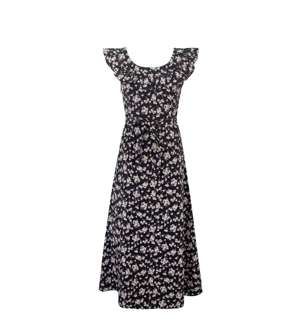 Floral Black Dress Women Spring Summer Mid Length Ruffled Dress PullWind