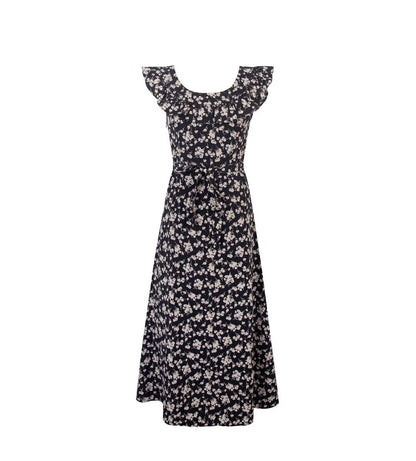 Floral Black Dress Women Spring Summer Mid Length Ruffled Dress PullWind