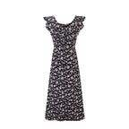 Floral Black Dress Women Spring Summer Mid Length Ruffled Dress PullWind