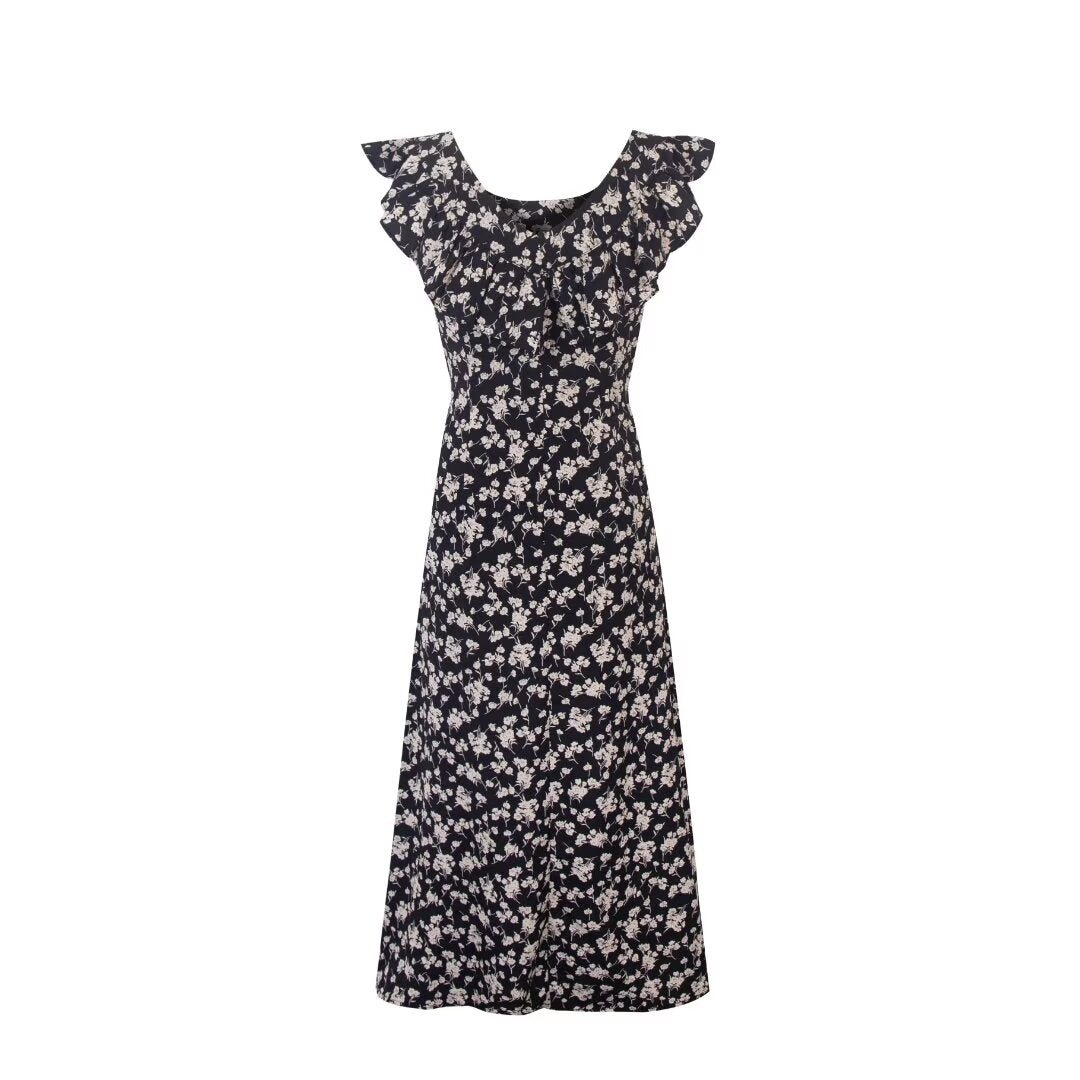 Floral Black Dress Women Spring Summer Mid Length Ruffled Dress PullWind