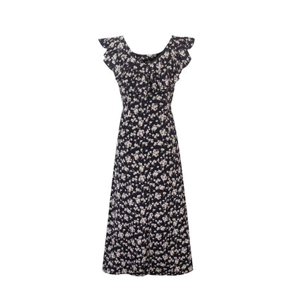 Floral Black Dress Women Spring Summer Mid Length Ruffled Dress PullWind