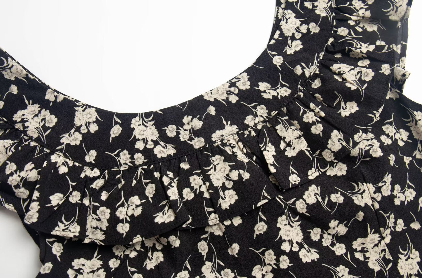 Floral Black Dress Women Spring Summer Mid Length Ruffled Dress PullWind