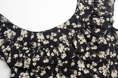 Floral Black Dress Women Spring Summer Mid Length Ruffled Dress PullWind