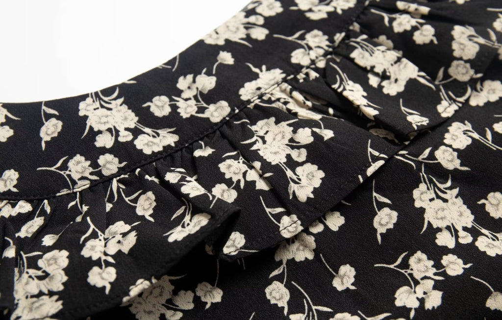 Floral Black Dress Women Spring Summer Mid Length Ruffled Dress PullWind