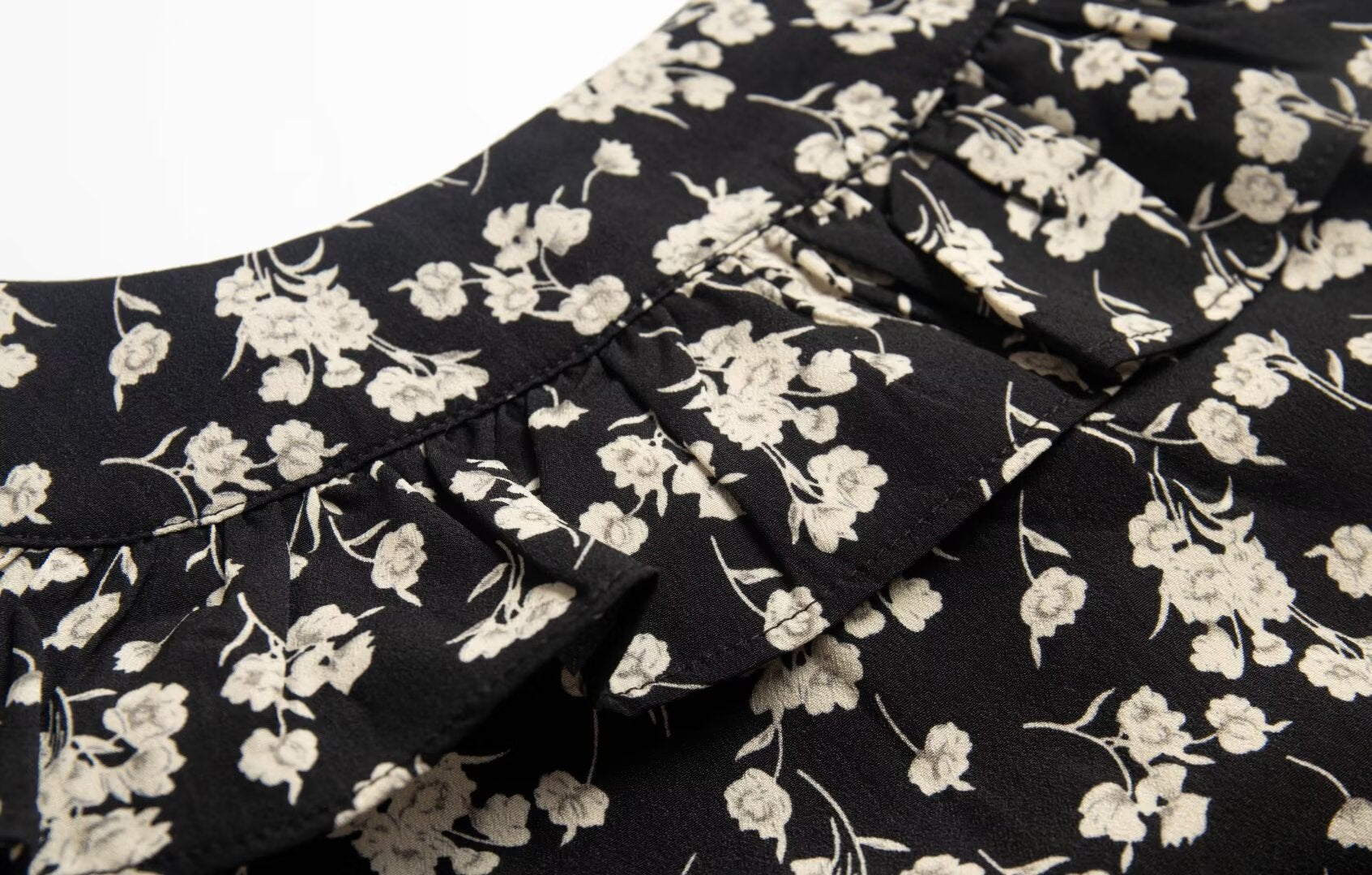 Floral Black Dress Women Spring Summer Mid Length Ruffled Dress PullWind