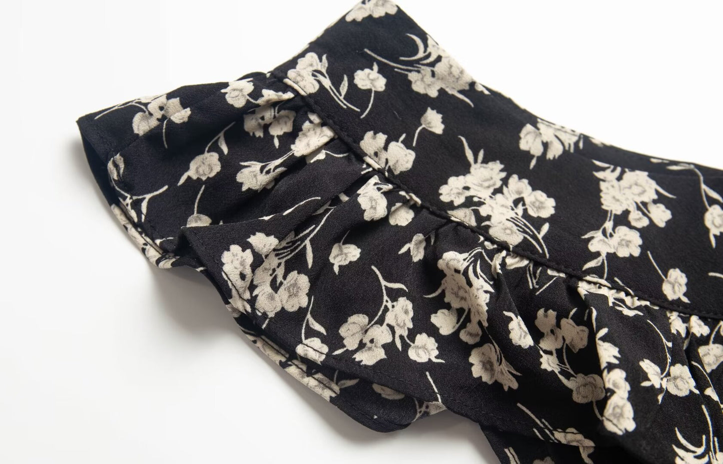 Floral Black Dress Women Spring Summer Mid Length Ruffled Dress PullWind