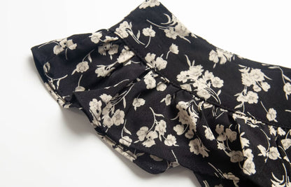 Floral Black Dress Women Spring Summer Mid Length Ruffled Dress PullWind