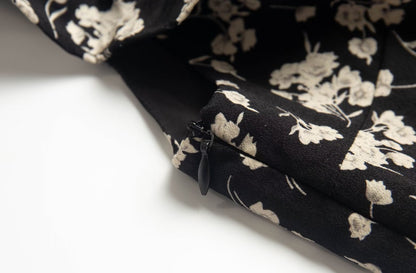 Floral Black Dress Women Spring Summer Mid Length Ruffled Dress PullWind