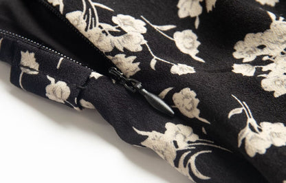 Floral Black Dress Women Spring Summer Mid Length Ruffled Dress PullWind