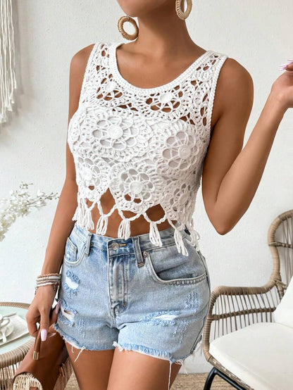 Crocheted Cutout Fringed Sleeveless Short Top Crochet hook