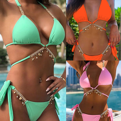 Bikini con diamantes de imitación y vendaje dividido, multicolor