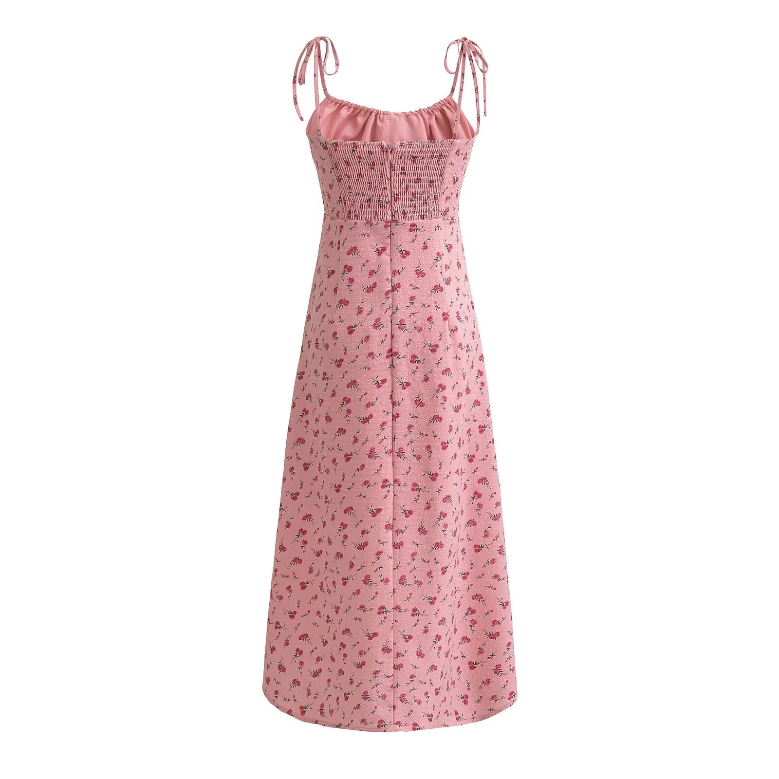 French Sweet Rose Floral Neckline Lace up Suspender Summer Tight Waist Slim A line Holiday Midi Dress Camille