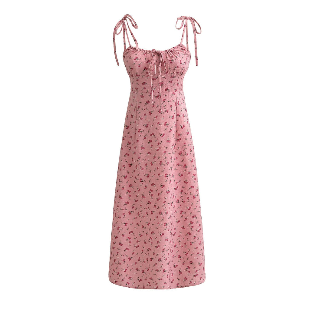 French Sweet Rose Floral Neckline Lace up Suspender Summer Tight Waist Slim A line Holiday Midi Dress Camille
