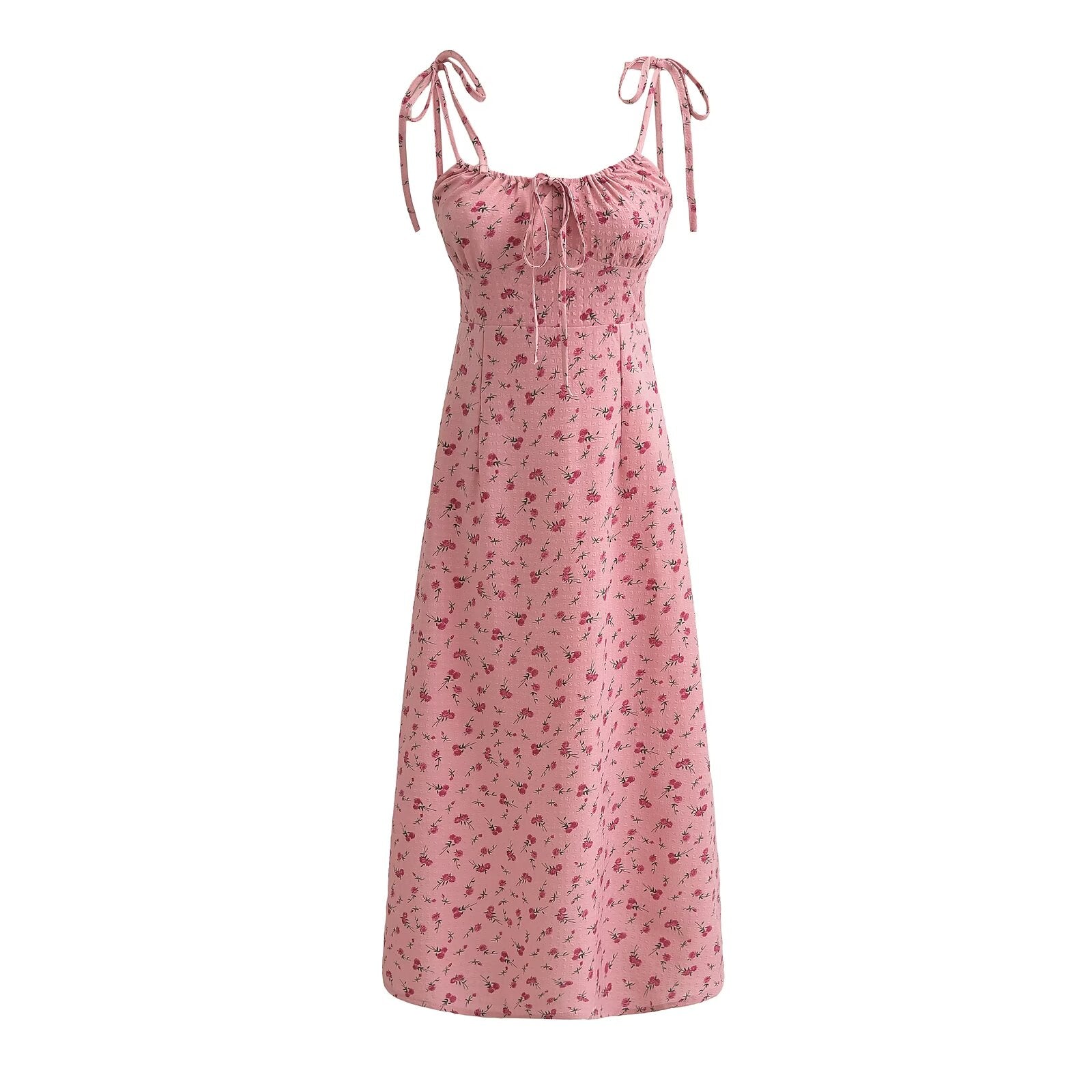 French Sweet Rose Floral Neckline Lace up Suspender Summer Tight Waist Slim A line Holiday Midi Dress Camille