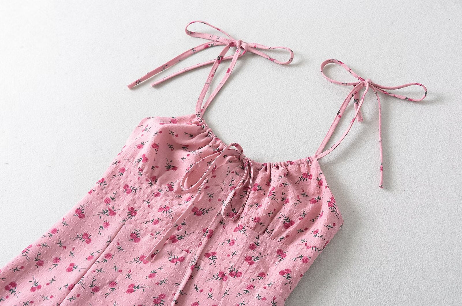 French Sweet Rose Floral Neckline Lace up Suspender Summer Tight Waist Slim A line Holiday Midi Dress Camille