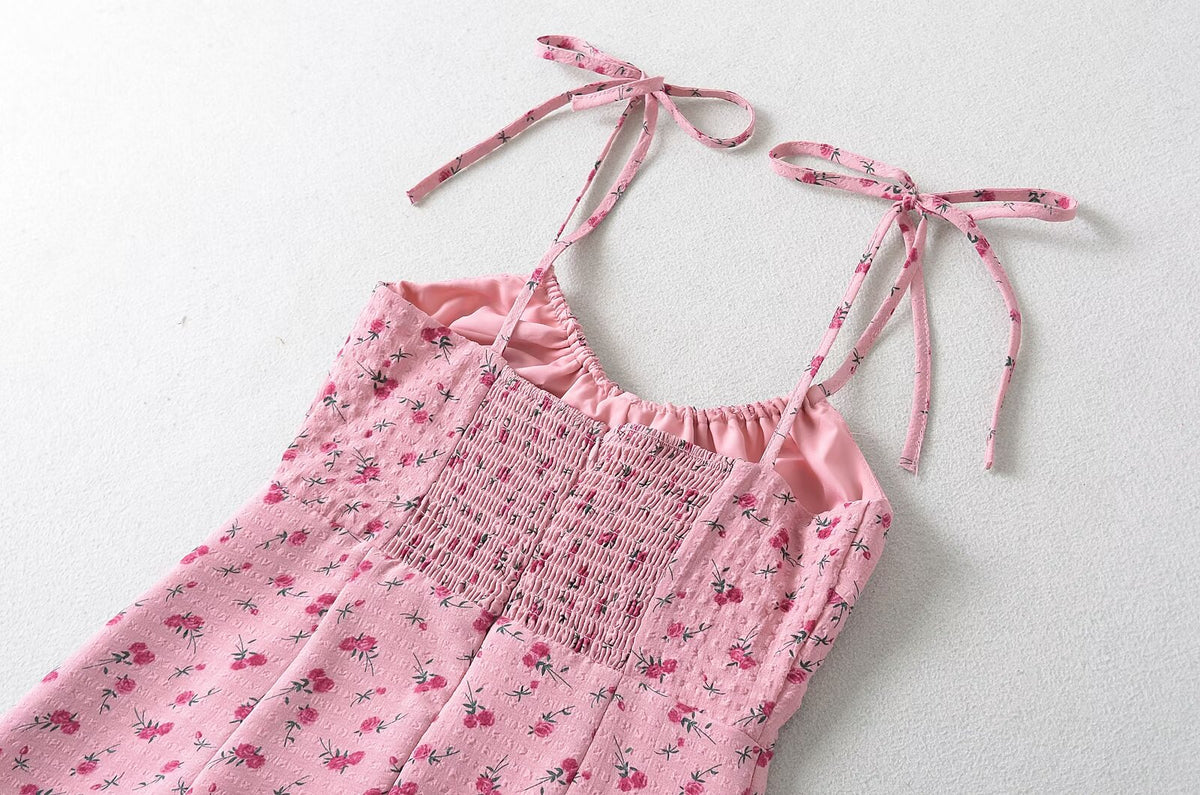 French Sweet Rose Floral Neckline Lace up Suspender Summer Tight Waist Slim A line Holiday Midi Dress Camille
