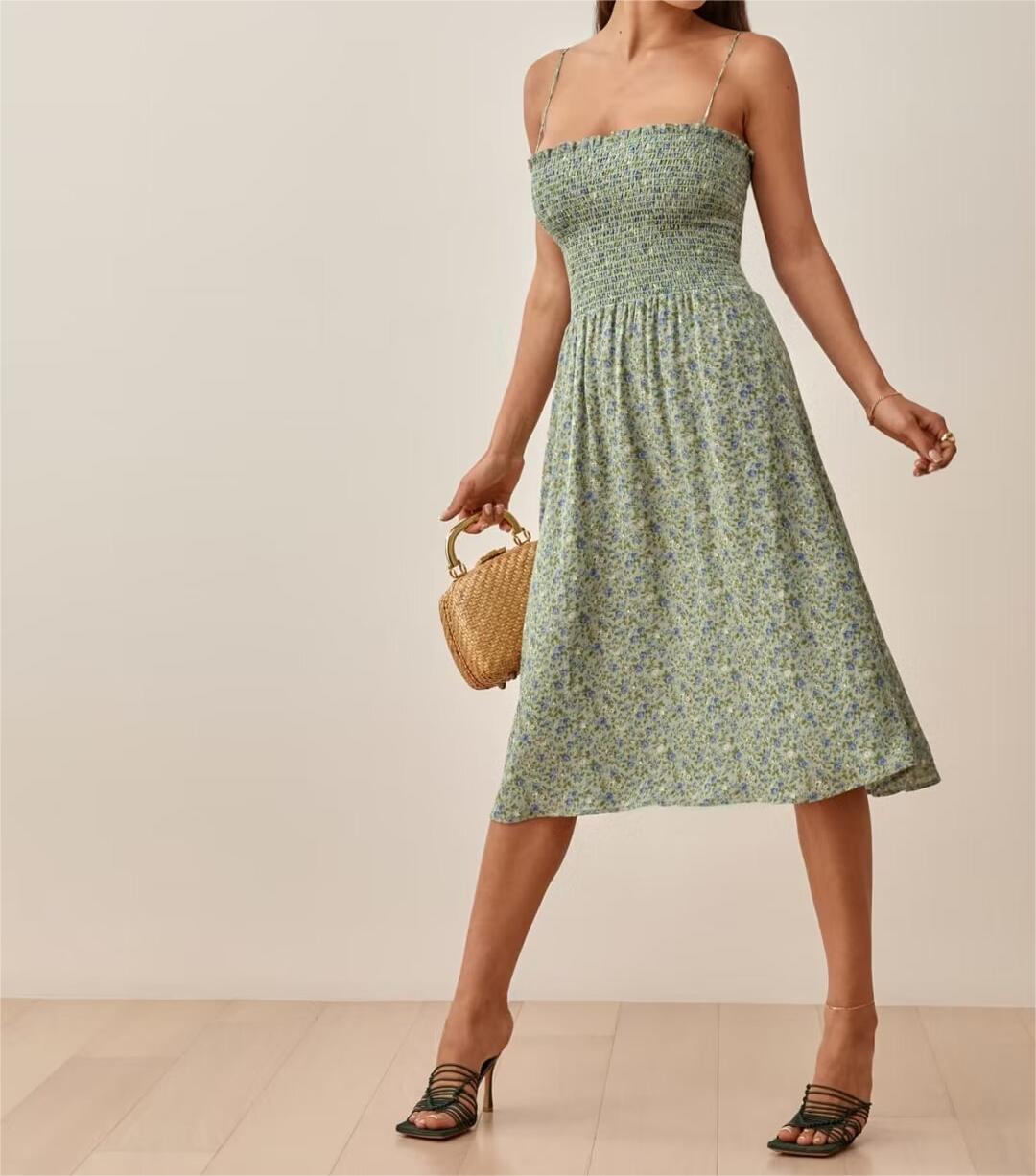 Summer Pastoral Fresh Slim Fit Tied Printing Slip Dress Women OMI