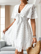 Women Summer V Neck Short Sleeve A Line Dress CC