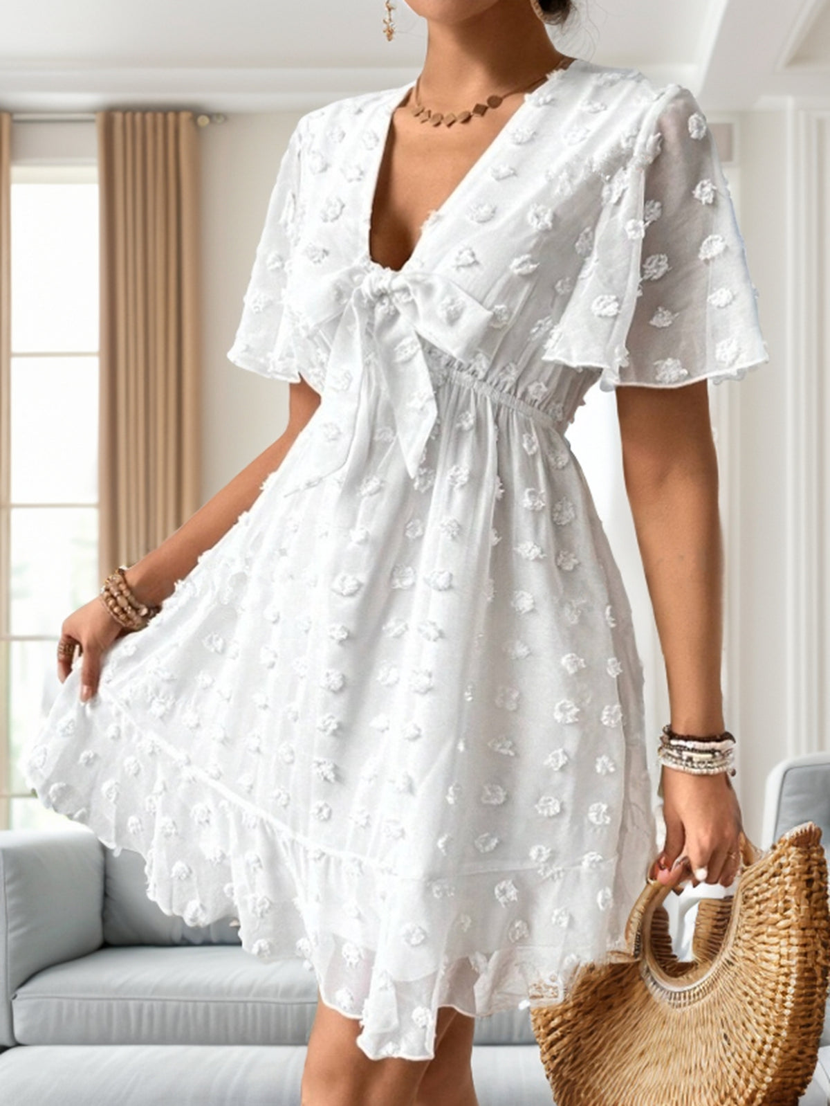 Women Summer V Neck Short Sleeve A Line Dress CC