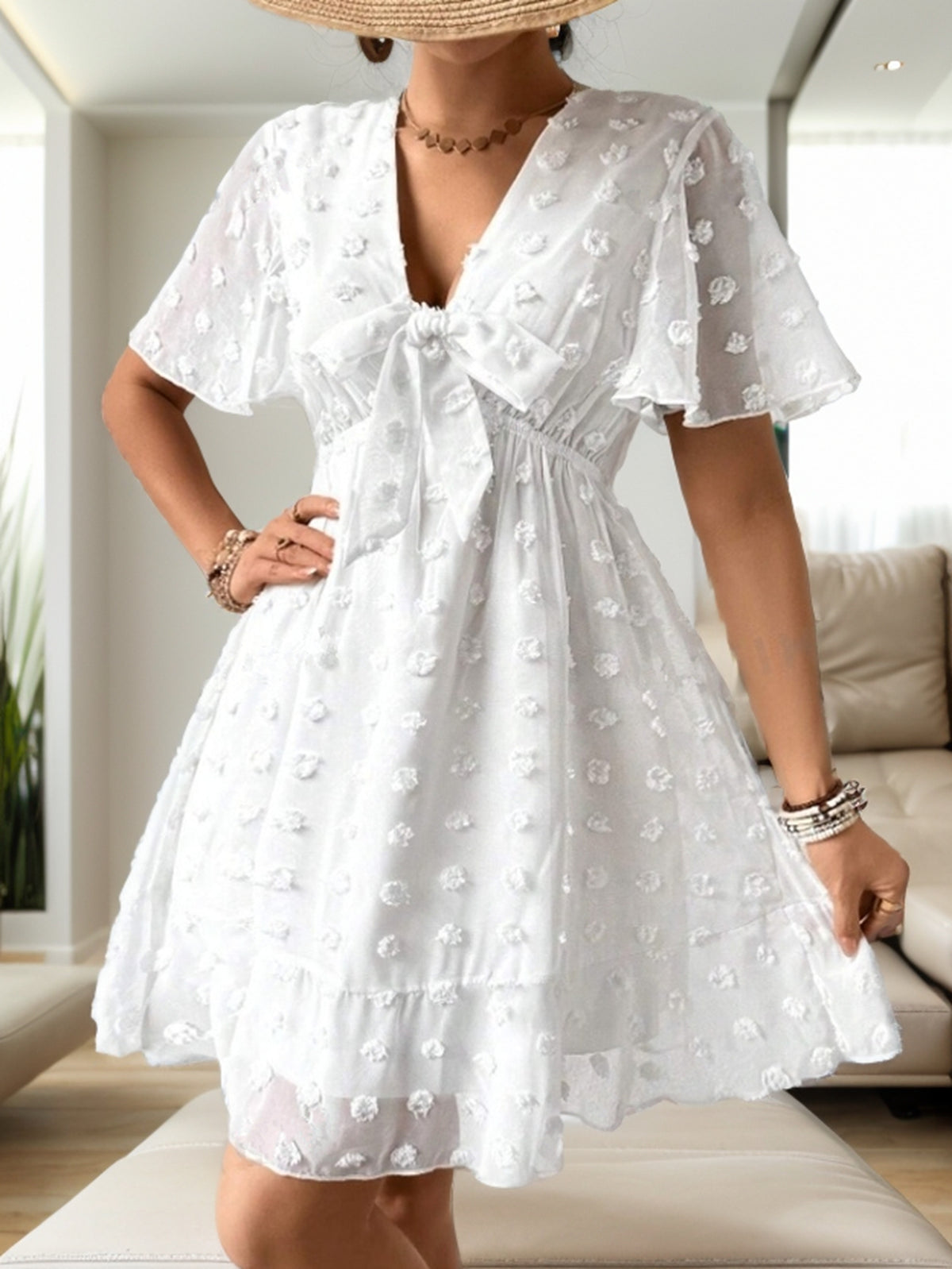 Women Summer V Neck Short Sleeve A Line Dress CC