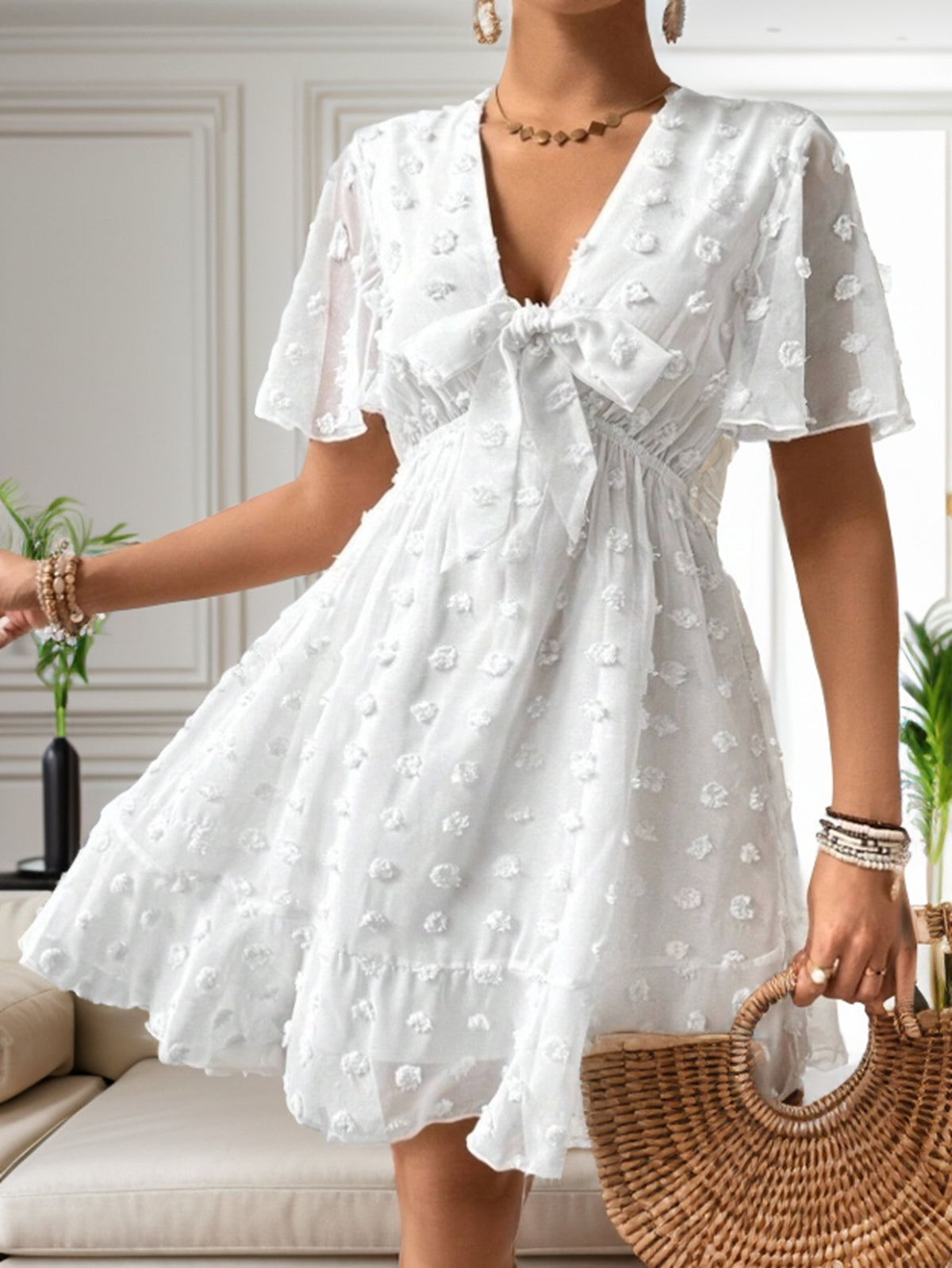 Women Summer V Neck Short Sleeve A Line Dress CC