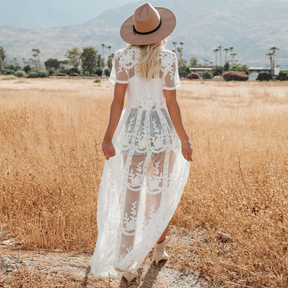 Cárdigan de encaje con bordado de encaje para playa, pareo de bikini, traje de baño, protección solar, ropa de playa