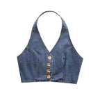 Summer Women Clothes French All Match Halter Sleeveless Skinny Short Denim Vest Buyei