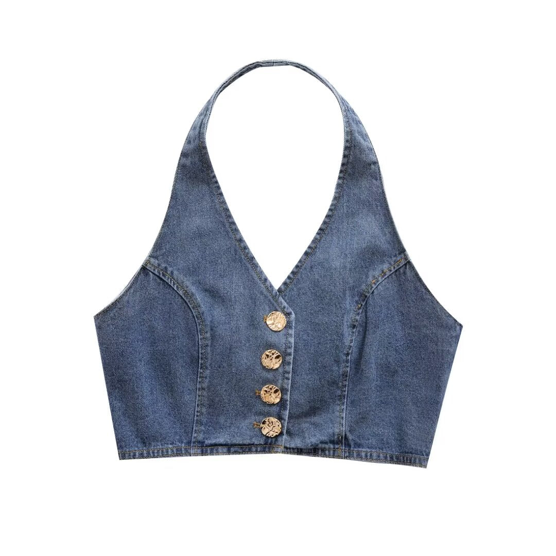 Summer Women Clothes French All Match Halter Sleeveless Skinny Short Denim Vest Buyei
