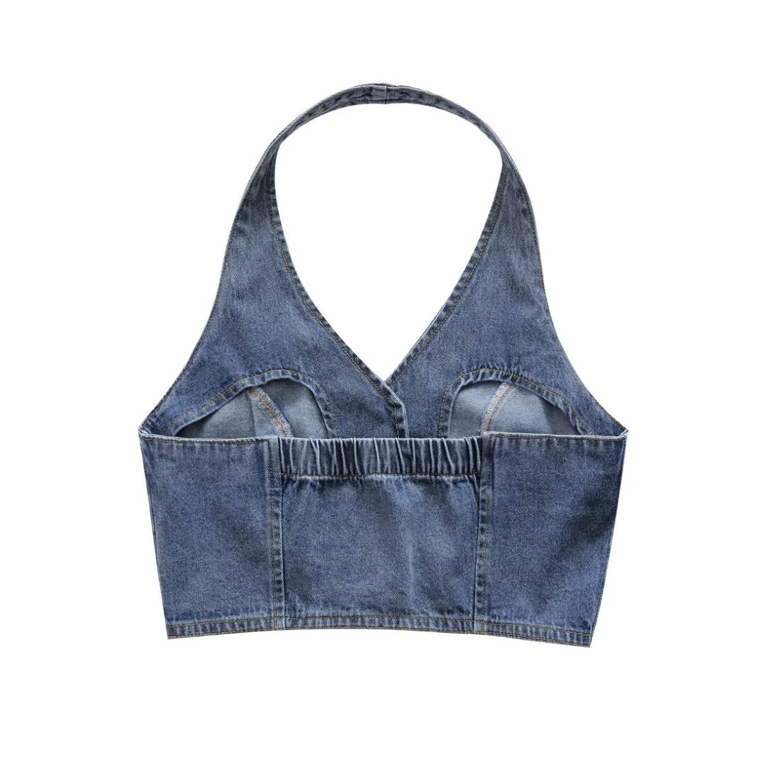 Summer Women Clothes French All Match Halter Sleeveless Skinny Short Denim Vest Buyei
