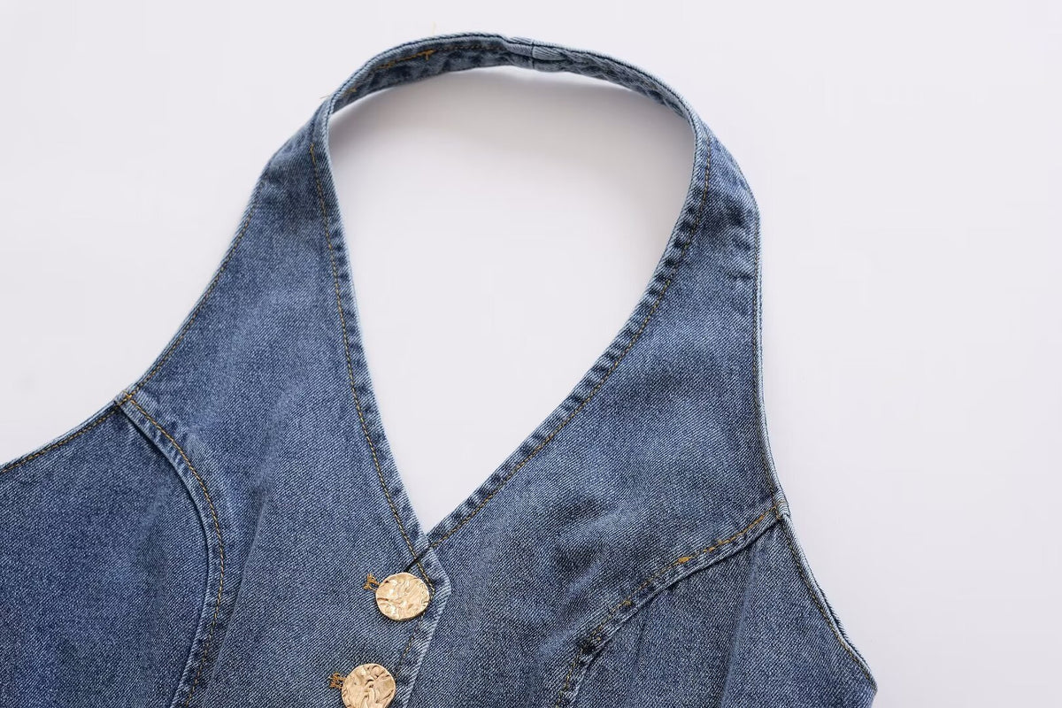 Summer Women Clothes French All Match Halter Sleeveless Skinny Short Denim Vest Buyei