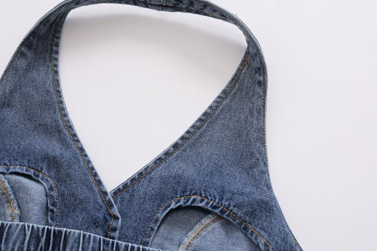 Summer Women Clothes French All Match Halter Sleeveless Skinny Short Denim Vest Buyei