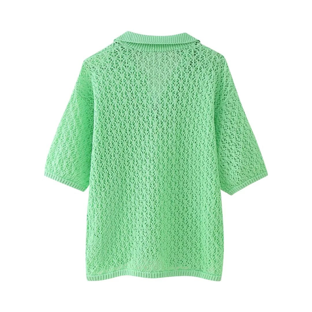 Women Clothing Summer Jacquard Mesh Loose Polo Collar Knitwear