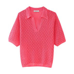 Women Clothing Summer Jacquard Mesh Loose Polo Collar Knitwear Shell