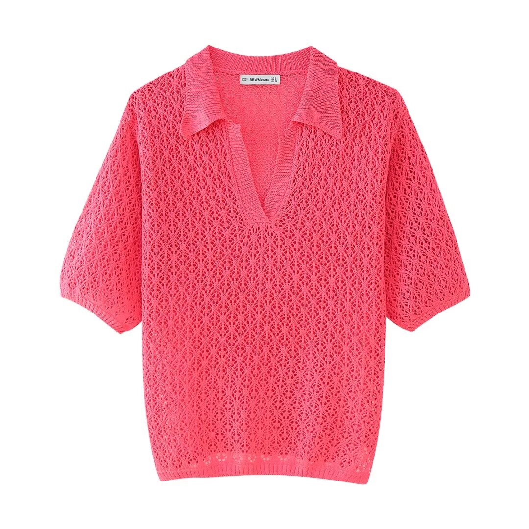 Women Clothing Summer Jacquard Mesh Loose Polo Collar Knitwear Shell