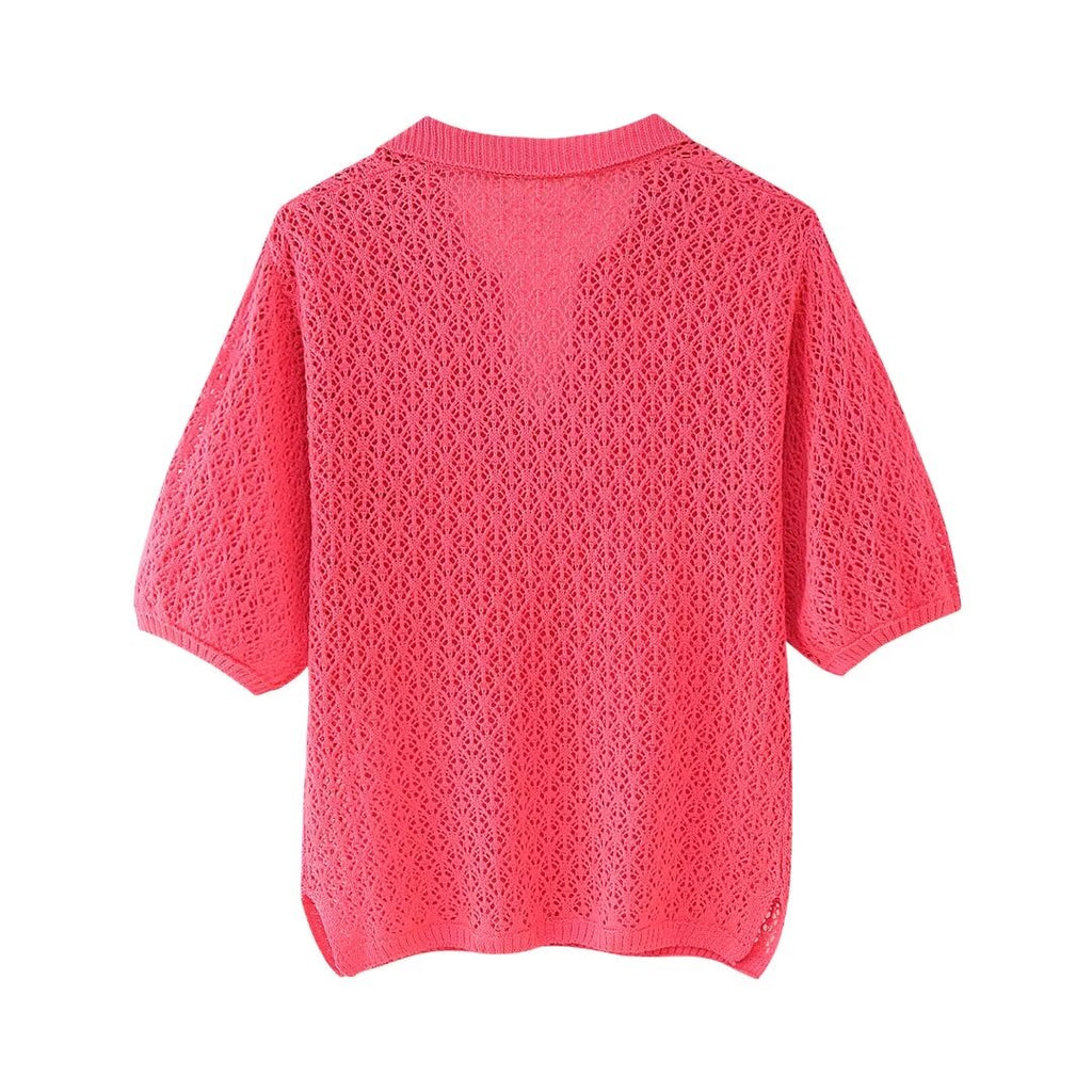 Women Clothing Summer Jacquard Mesh Loose Polo Collar Knitwear Shell