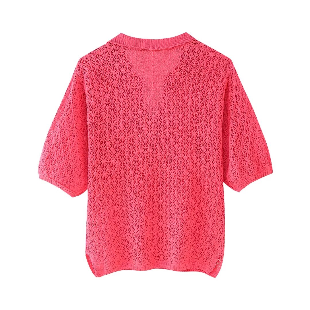 Women Clothing Summer Jacquard Mesh Loose Polo Collar Knitwear