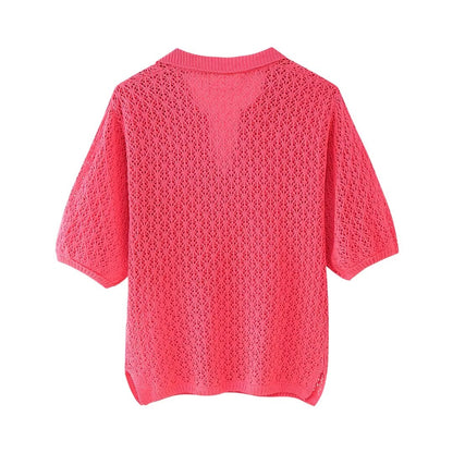 Women Clothing Summer Jacquard Mesh Loose Polo Collar Knitwear