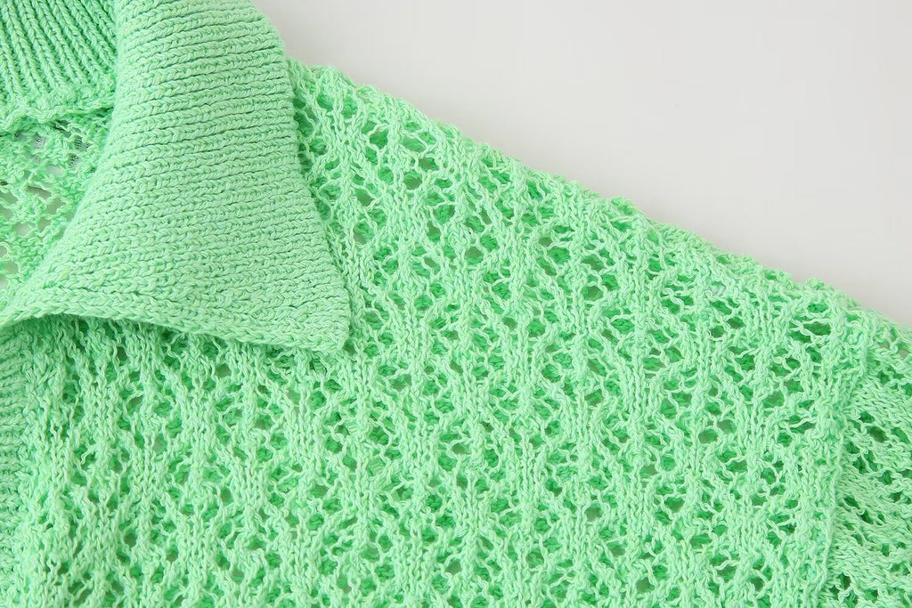 Women Clothing Summer Jacquard Mesh Loose Polo Collar Knitwear Shell