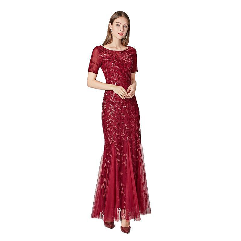 Summer Autumn Banquet Host Slim Mesh Sequ Evening Dress Fishtail Dress for Women HENGACHI